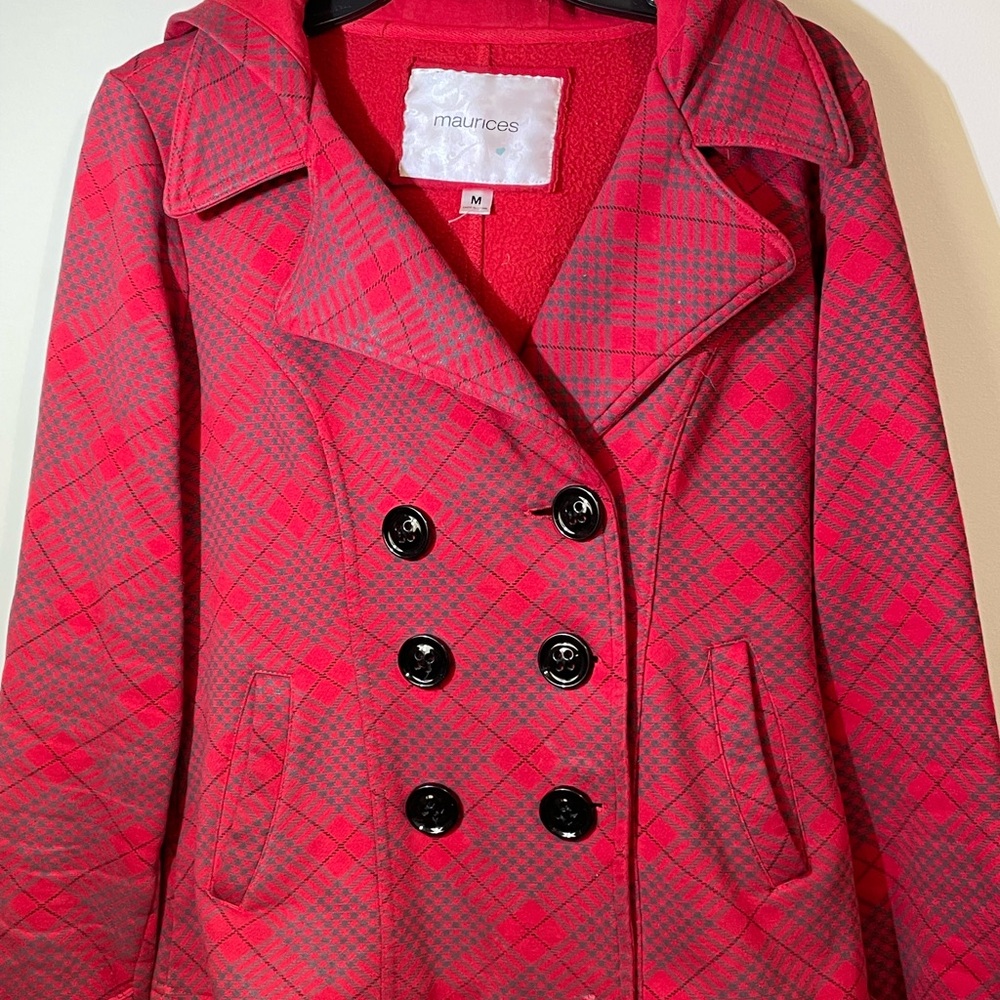 Maurices Double Breasted jacket Women’s Medium hooded‎ coat red black buttons